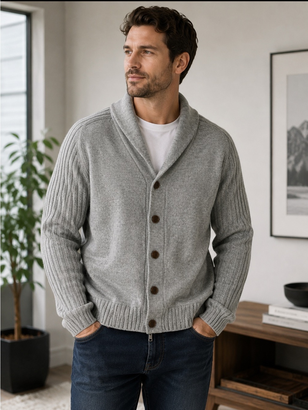 7 diamonds gray zip up button up wool blend sweater cardigan size large